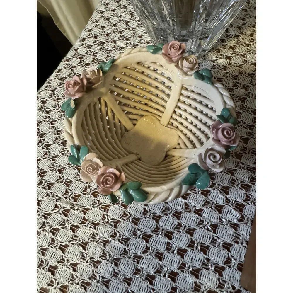 Vintage Italian Reticulated Porcelain Basket Italy Lattice Trinket‎ Dish